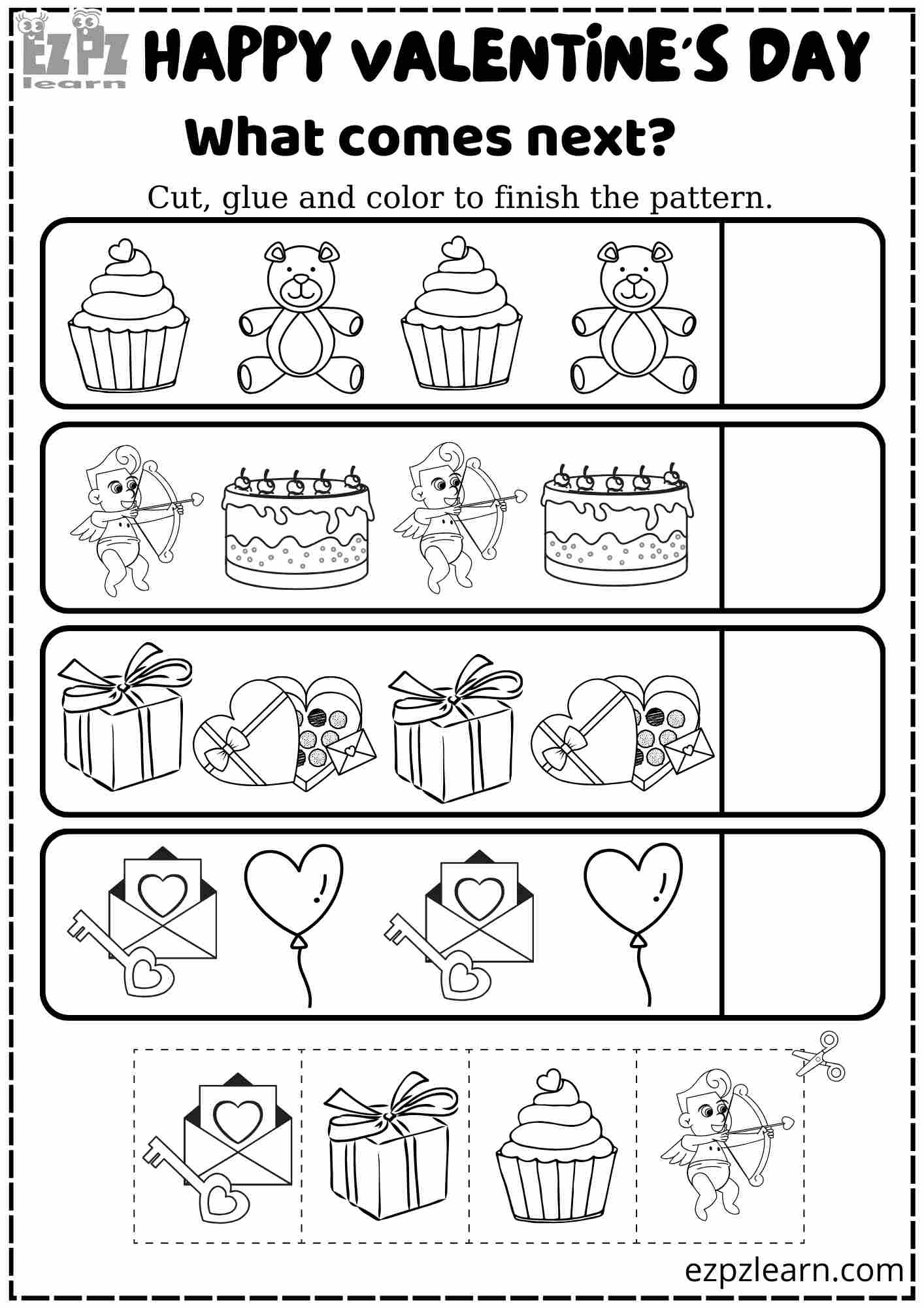 What Comes Next Valentines Day Activity for Kindergarten Classroom Students
